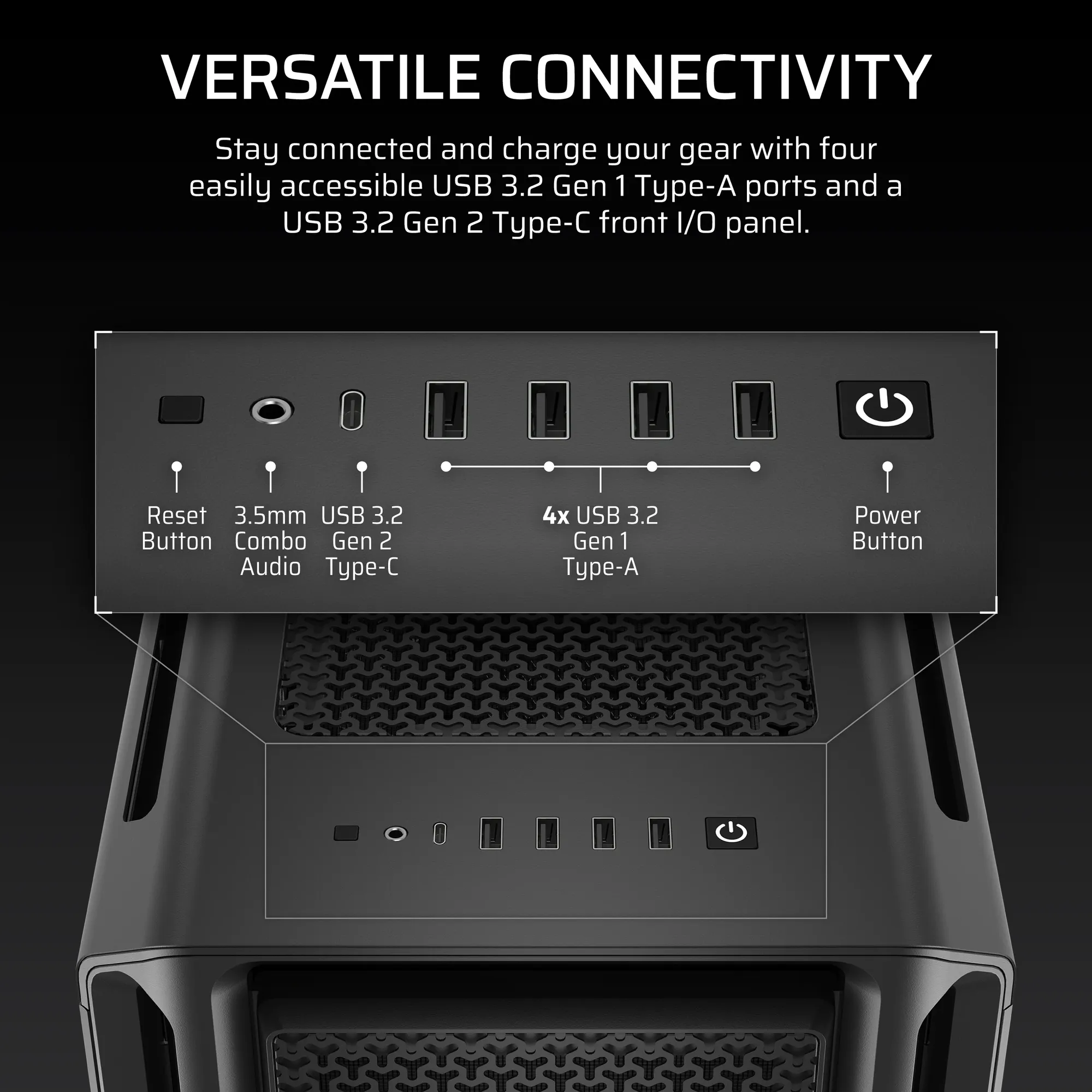 58380a8decf2e66b92fbbf9770dde0e49e8e0dcfwebp ComputechSolutions Front I/O panel with four USB 3.2 Gen 1 Type-A ports, one USB-C Gen 2 Type-C, and a power button on a dark PC case surface.