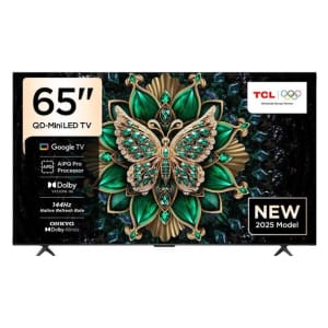 65" QD-Mini LED TV with Google TV and AiP Pro Processor, featuring Dolby Vision IQ and Dolby Atmos, 2025 model with modern decorative display on screen.