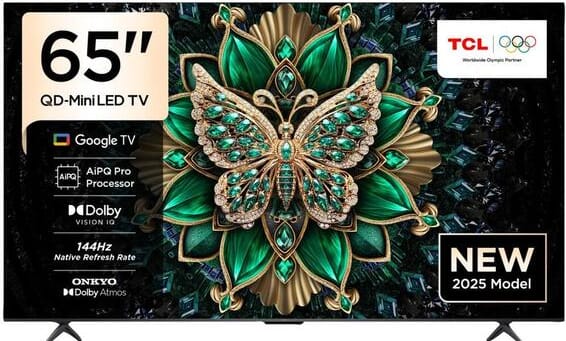 65C6K ComputechSolutions 65" QD-Mini LED TV with Google TV and AiP Pro Processor, featuring Dolby Vision IQ and Dolby Atmos, 2025 model with modern decorative display on screen.