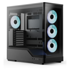 Black mid-tower PC case with a transparent side panel and three illuminated front RGB fans.