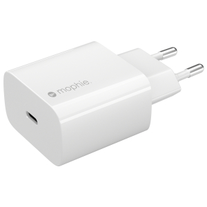 White wall charger with two round European-prong plugs, angled in the lower-left corner, branding visible.