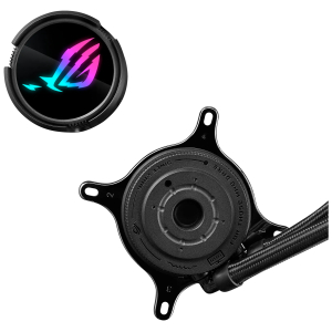 Close-up of a black circular gaming headset earcup showing an RGB logo on the surface, with part of the headband and chassis visible against a dark background.