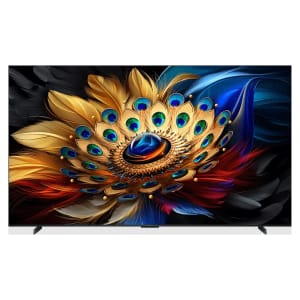 75C655 ComputechSolutions Flat-screen TV showing a vivid abstract wallpaper with gold and jewel-toned peacock feather motif.