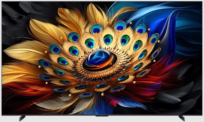 75C655 ComputechSolutions Flat-screen TV showing a vivid abstract wallpaper with gold and jewel-toned peacock feather motif.
