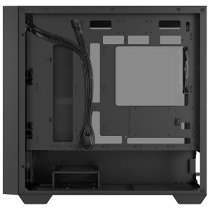 Open computer case interior with bundled cables along the left and multiple drive bays on the right side of the chassis.