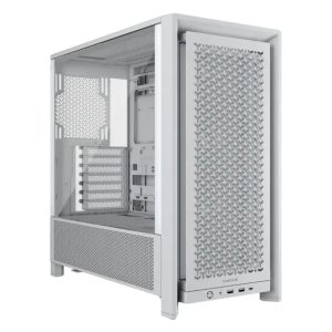 8404404965884gpfwebp ComputechSolutions White Corsair mid-tower PC case with a perforated front panel; open side reveals interior drive bays and cooling area.