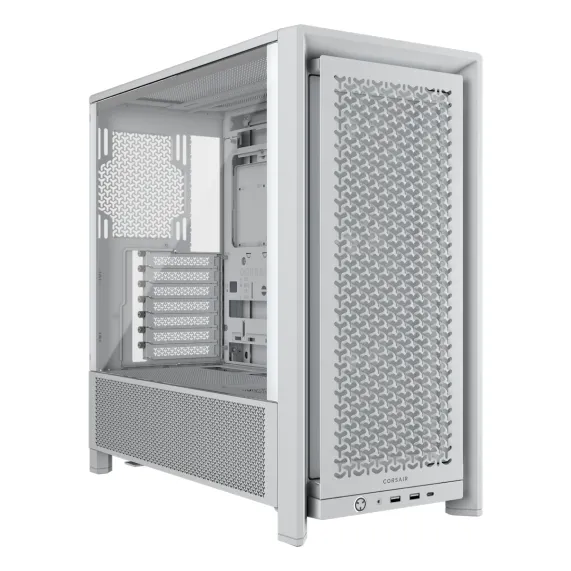 8404404965884gpfwebp ComputechSolutions White Corsair mid-tower PC case with a perforated front panel; open side reveals interior drive bays and cooling area.