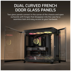 86bfa3ec46a7027d9851f6de828d765824b2b5a3webp ComputechSolutions Open PC case with dual curved glass doors visible, showing internal components inside the chassis; banner text reads 'Dual Curved French Door Glass Panels' above.