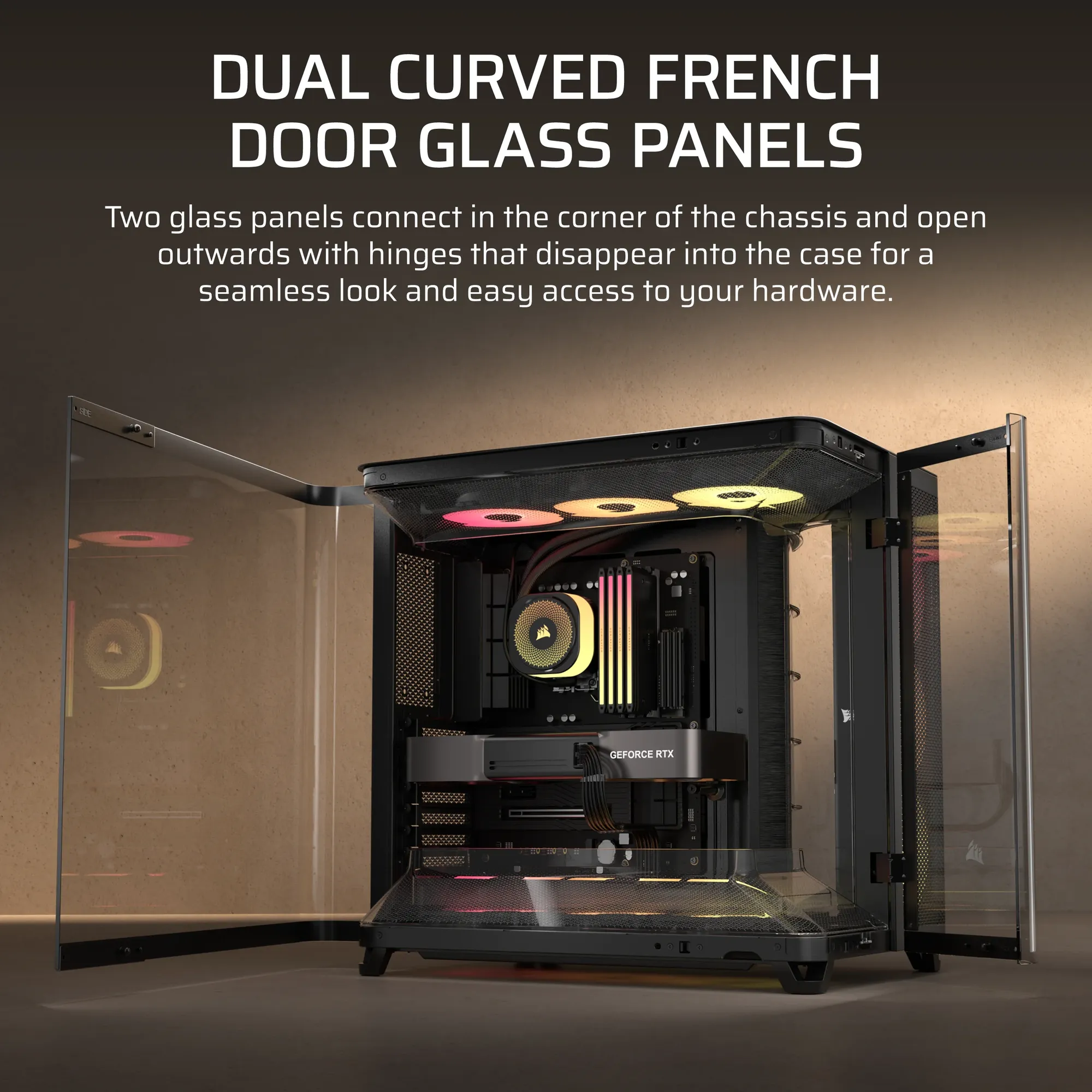 86bfa3ec46a7027d9851f6de828d765824b2b5a3webp ComputechSolutions Open PC case with dual curved glass doors visible, showing internal components inside the chassis; banner text reads 'Dual Curved French Door Glass Panels' above.