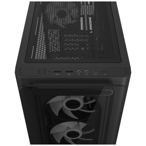 980335f4e0df6a4d561e2132481a40722067078fwebp ComputechSolutions Front/top I/O panel of a dark PC case: power button, USB 3.0 ports, audio jacks, Type-C port visible below a perforated mesh with a large internal fan behind it.