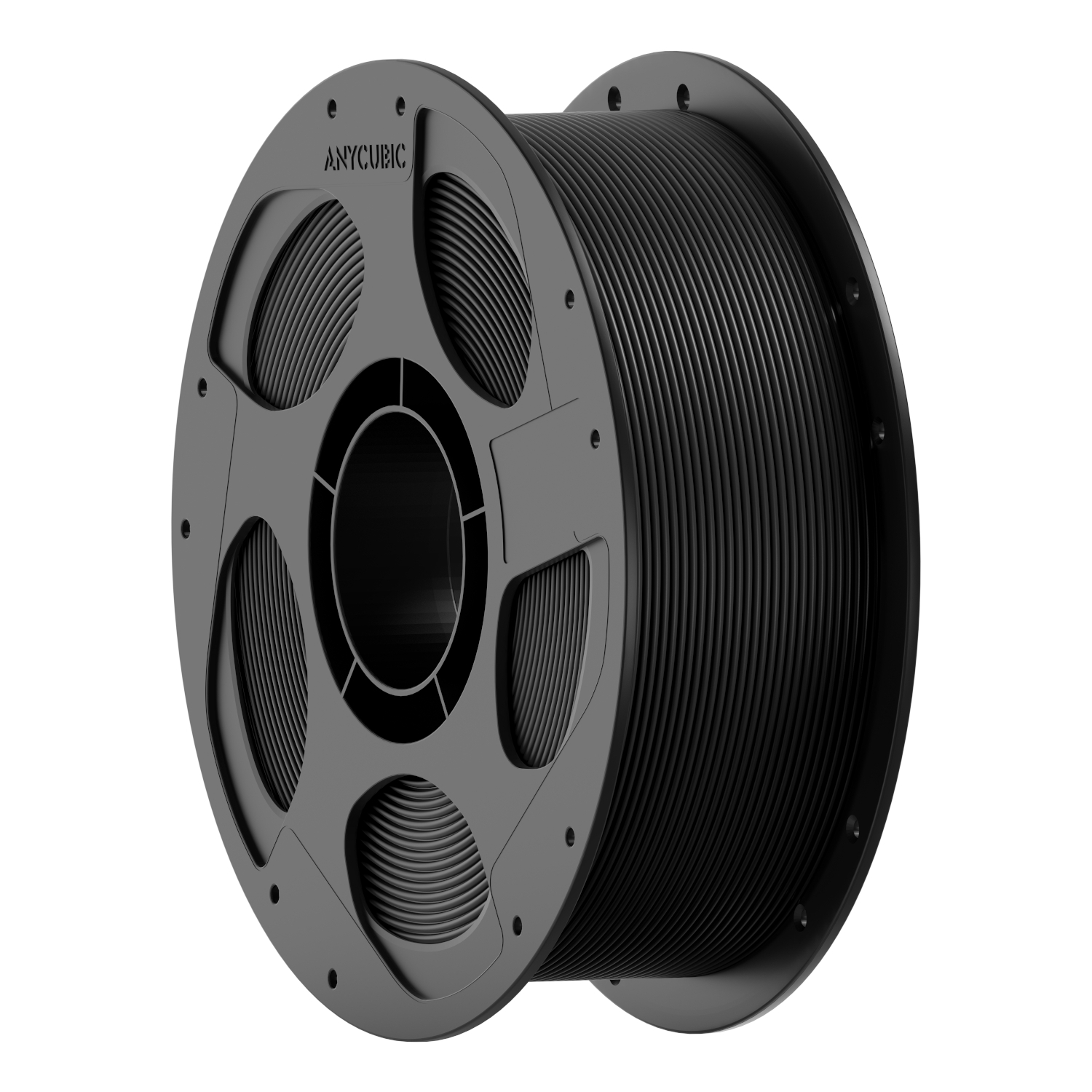 AHPEBK10AnycubicPETGSolidFilamentBlackwr01jpg ComputechSolutions Black filament spool on a gray reel, likely 3D printer material, with the Anycubic branding visible on the hub.
