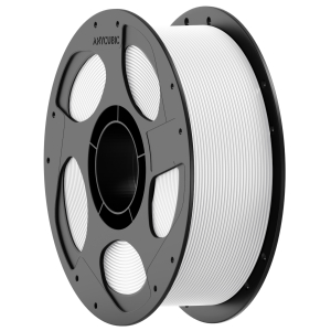 Spool of white 3D printing filament on a gray circular spool labeled Anycubic.
