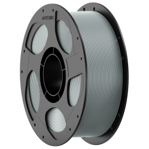 Spool of gray 3D printing filament wrapped around a circular dark gray spool, with the brand name Anycubic visible on the rim (informative product image).