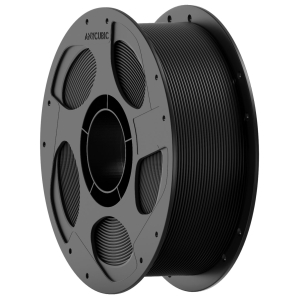 Black 3D printing filament on a large reel, Anycubic brand, with tightly wound filament visible around the spool edge