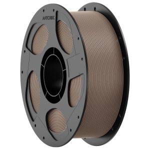 Brown 3D printer filament on a gray spool, Anycubic logo visible on the hub.