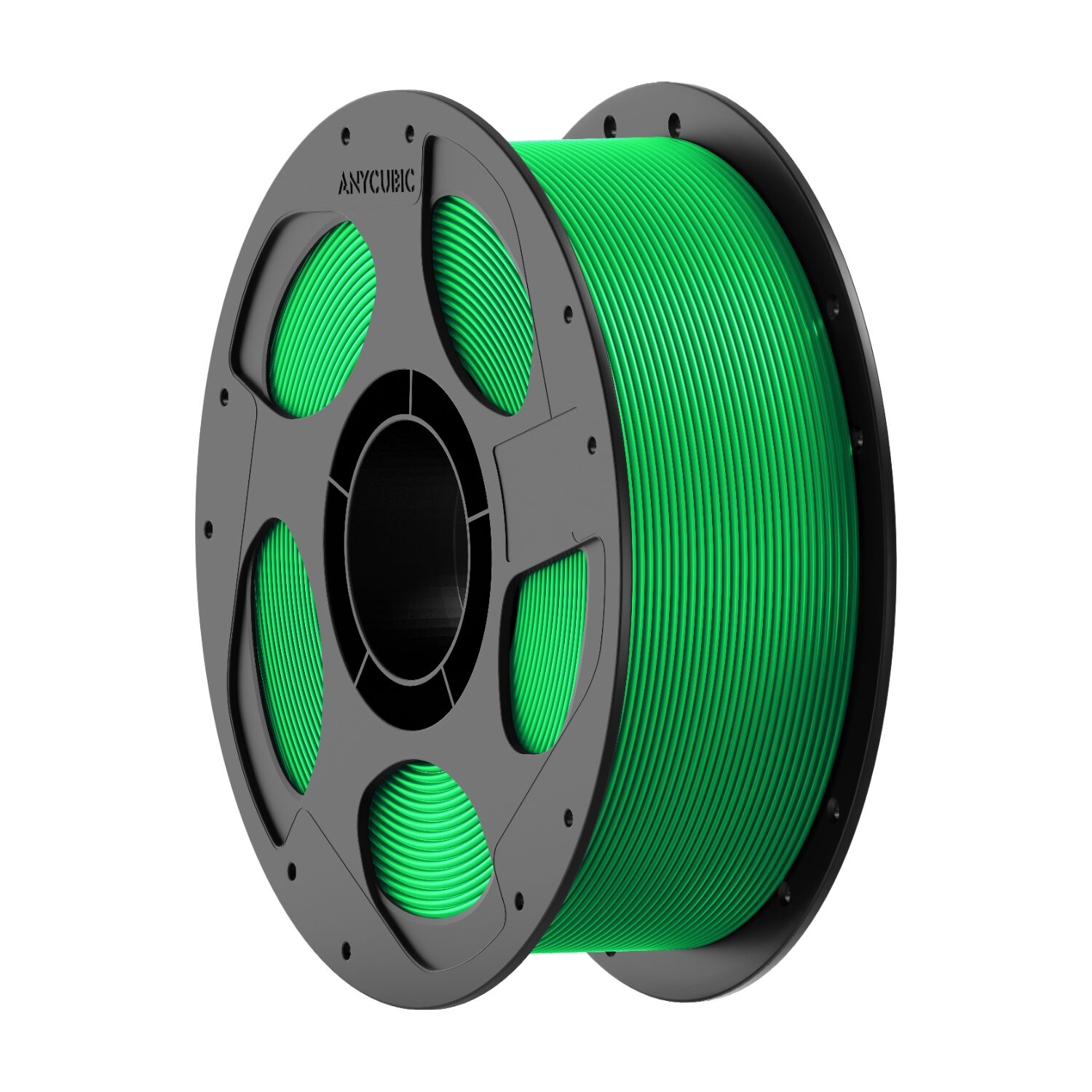AHPLCG10AnycubicPLABasicFilament1kgGreenwr02jpg ComputechSolutions Green 3D printer filament on a gray spool, visible ANYCUBIC branding.