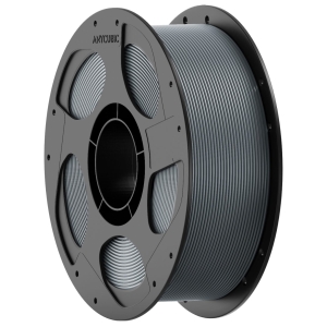 Gray 3D printer filament spool with tightly wound filament on a circular reel (Anycubic). Use: informative product image textity?
