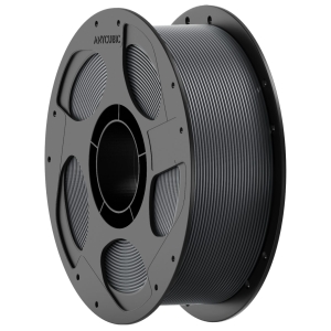 Filament spool for a 3D printer, gray filament wound around a round reel labeled ANYCUBIC.