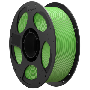 Large black spool with bright green 3D printing filament, labeled Anycubic, wound around the reel.