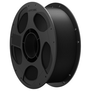 Large black 3D printer filament spool with filament neatly wound around a hub, AnyCUBIC brand visible on the side.