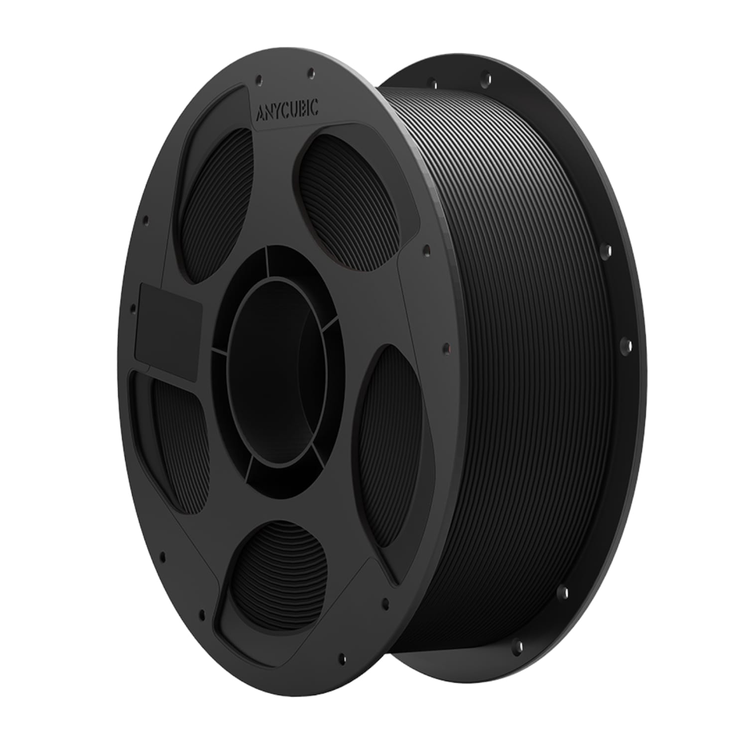 AHPLPBK10AnycubicPLAFilament1kgBlackwr01jpg ComputechSolutions Large black 3D printer filament spool with filament neatly wound around a hub, AnyCUBIC brand visible on the side.