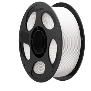 Spool of white 3D printer filament on a black reel (Anycubic) viewed from a side angle.