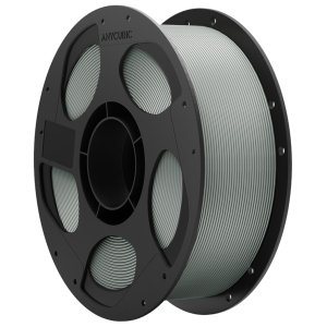 Large spool of gray 3D printer filament wound around a black plastic reel, brand visible on the hub (Anycubic).