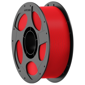 Red filament wound around a gray spool, visible brand and extrusion lines show a 3D printer filament roll.