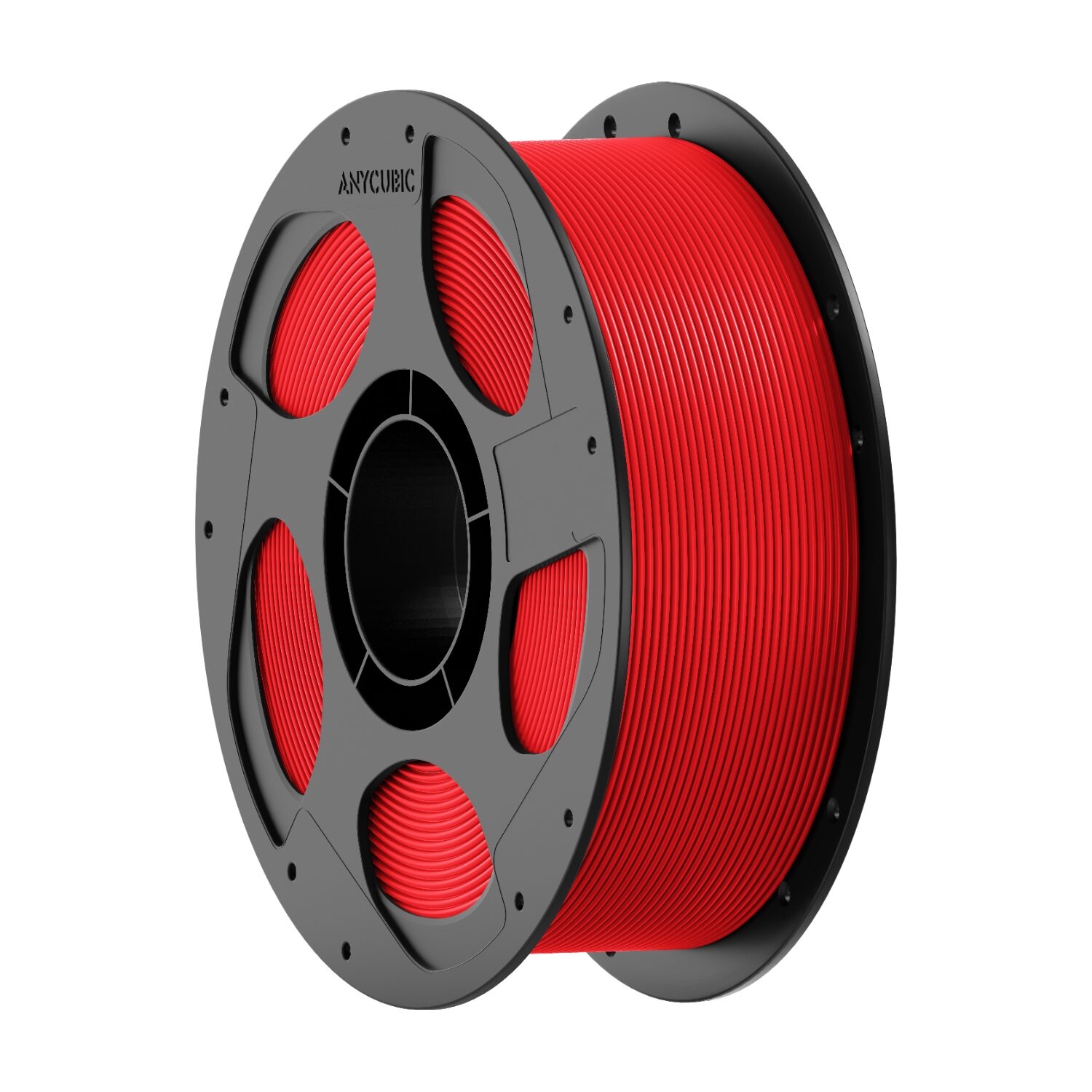 AHPLRR10AnycubicPLABasicFilament1kgRedwr02jpg ComputechSolutions Red filament wound around a gray spool, visible brand and extrusion lines show a 3D printer filament roll.