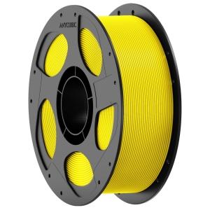 Spool of yellow 3D printer filament on a gray spool facing the viewer, ready for extrusion.