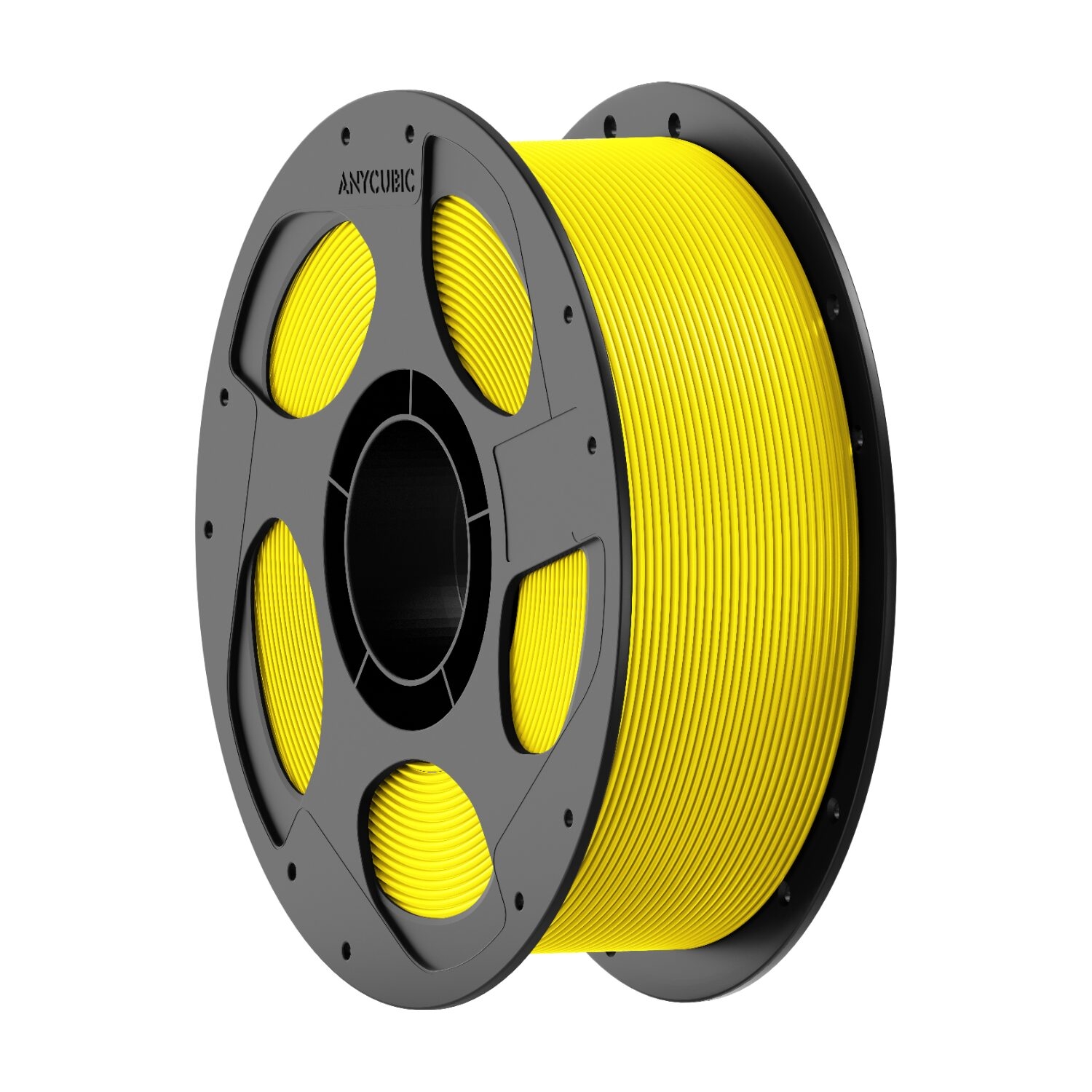 AHPLVY10AnycubicPLABasicFilament1kgYellowwr02jpg ComputechSolutions Spool of yellow 3D printer filament on a gray spool facing the viewer, ready for extrusion.