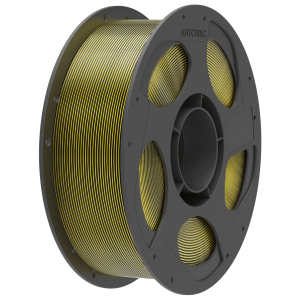 AHSC0710AnycubicPLASilkDualFilamentBlackwr03png ComputechSolutions Large spool of yellow 3D printing filament wrapped around a dark gray plastic spool (ANYCUBIC).