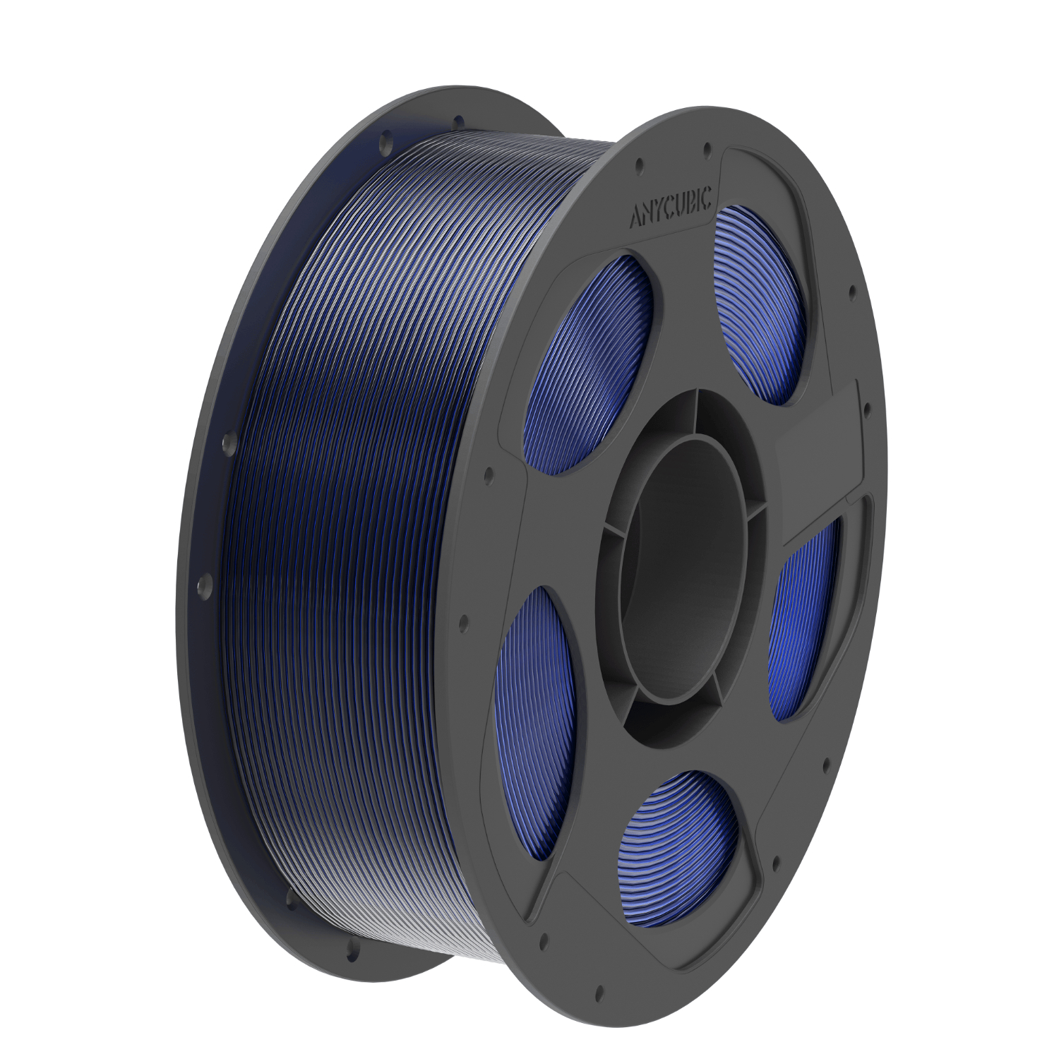 AHSC0810AnycubicPLASilkDualFilamentBlackBlwr02png ComputechSolutions Gray 3D printer filament spool with blue filament wrapped around, viewed at an angle.