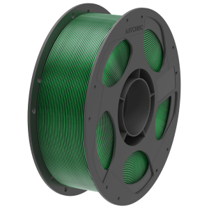 Green 3D printing filament wound on a gray spool, ready for use in a printer.