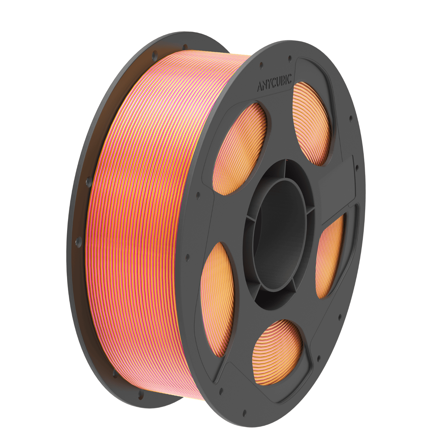AHSC1110AnycubicPLASilkDualFilamentPinkGowr01png ComputechSolutions Spool of striped orange-pink 3D printing filament on a dark gray reel.