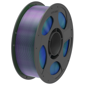 3D printer filament spool with rainbow-colored strands wrapped around a gray hub (Anycubic)