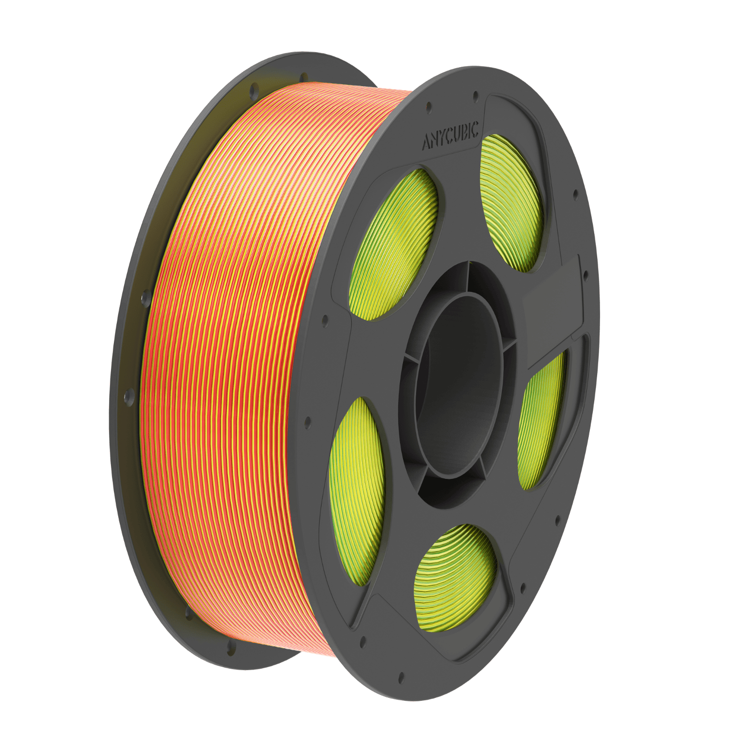 AHSC1510AnycubicPLASilkTriColorFilamentRedwr02png ComputechSolutions Spool of multi‑color 3D printing filament on a gray reel, with red‑orange outer color and yellow/green inner coils.