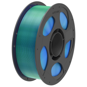 AHSC1610AnycubicPLASilkDualFilamentBlueGreewr01png ComputechSolutions Gray 3D printer filament spool with blue and green filament wound around it, labeled Anycubic at the hub.