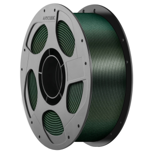Green 3D printer filament wound on a gray spool with a black core center.