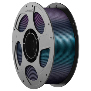 Spool of gradient-colored 3D printer filament on a gray reel (purple to teal).