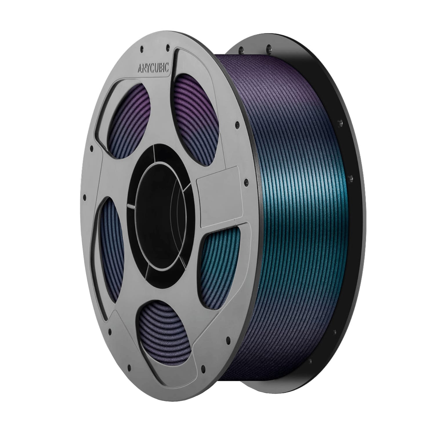 AHXKGL10AnycubicPLAGalaxyFilament1kgBluewr01png ComputechSolutions Spool of gradient-colored 3D printer filament on a gray reel (purple to teal).