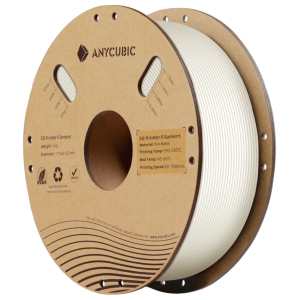 Spool of white 1.75 mm PLA 3D printer filament on a cardboard reel, Anycubic brand, labeled PLA Matte and 1 kg.
