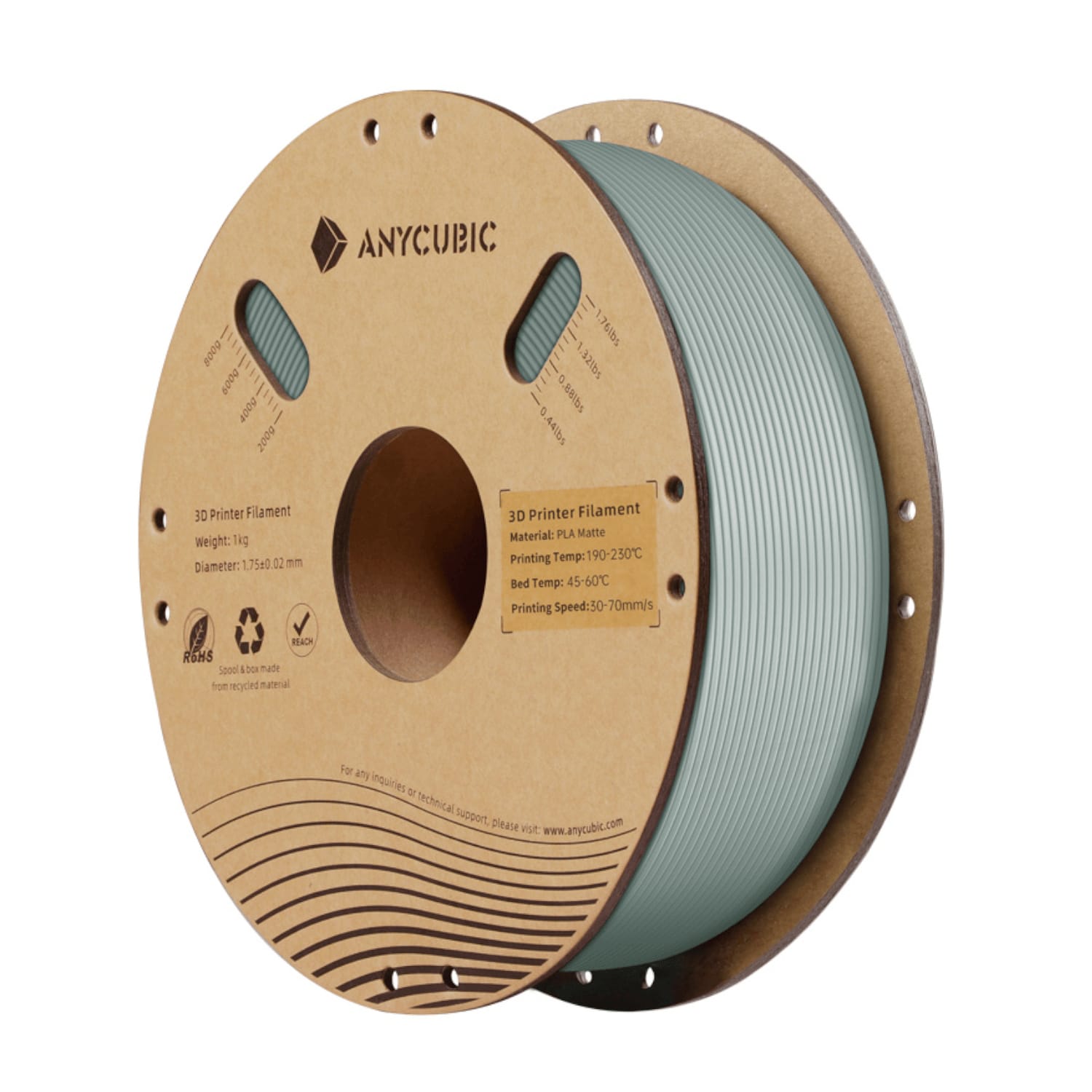 AHYGNG10AnycubicPLAMatteFilament1kgNardowr01png ComputechSolutions Anycubic spool of PLA matte 3D printer filament in teal wrapped around a brown reel, with product labels visible on the side.