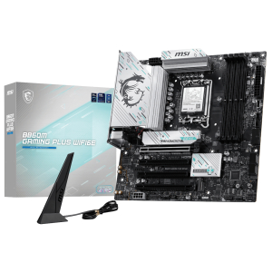 B860MGAMINGPLUSWIFI6EMSIB860MGAMINGPLUSWIFI6ELGA1851MAwr01png ComputechSolutions MSI B460M Gaming Plus WiFi motherboard shown with its packaging and a wireless antenna accessory