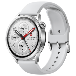 White smartwatch with a silver case and multiple chronograph dials, displaying 10:09:24 on Saturday.