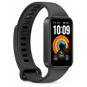 Black smartwatch with a gray sport band, close-up view of the face displaying activity rings and time