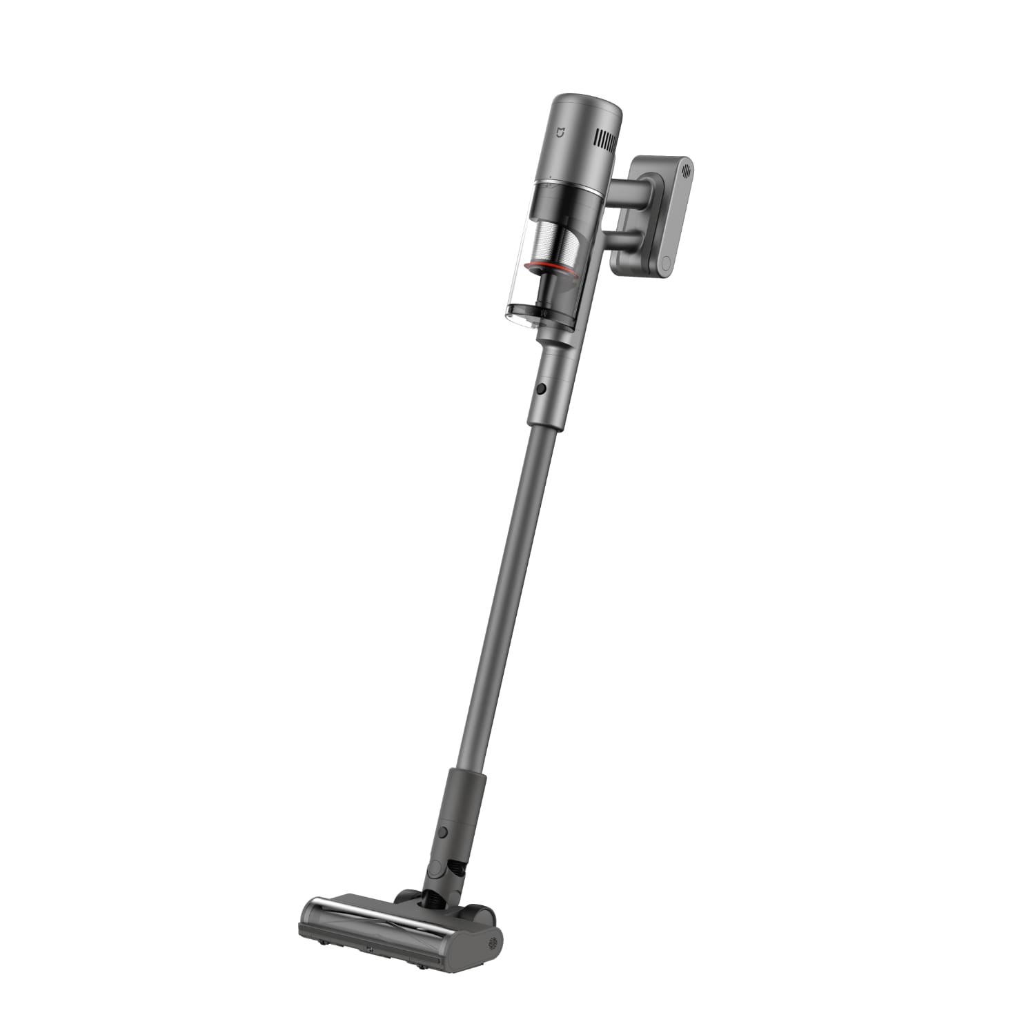 BHR09C1EUXiaomiMijiaVacuumCleaner4Prowr01png ComputechSolutions Gray cordless stick vacuum with a transparent dust canister and detachable wand, mounted on a wall bracket against a white background.