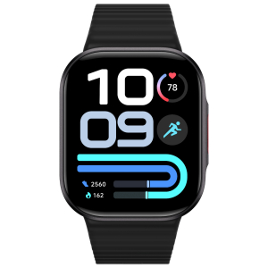 Smartwatch face with large 10:09 time, heart-rate ring showing 78 bpm, running icon, and activity progress bars.