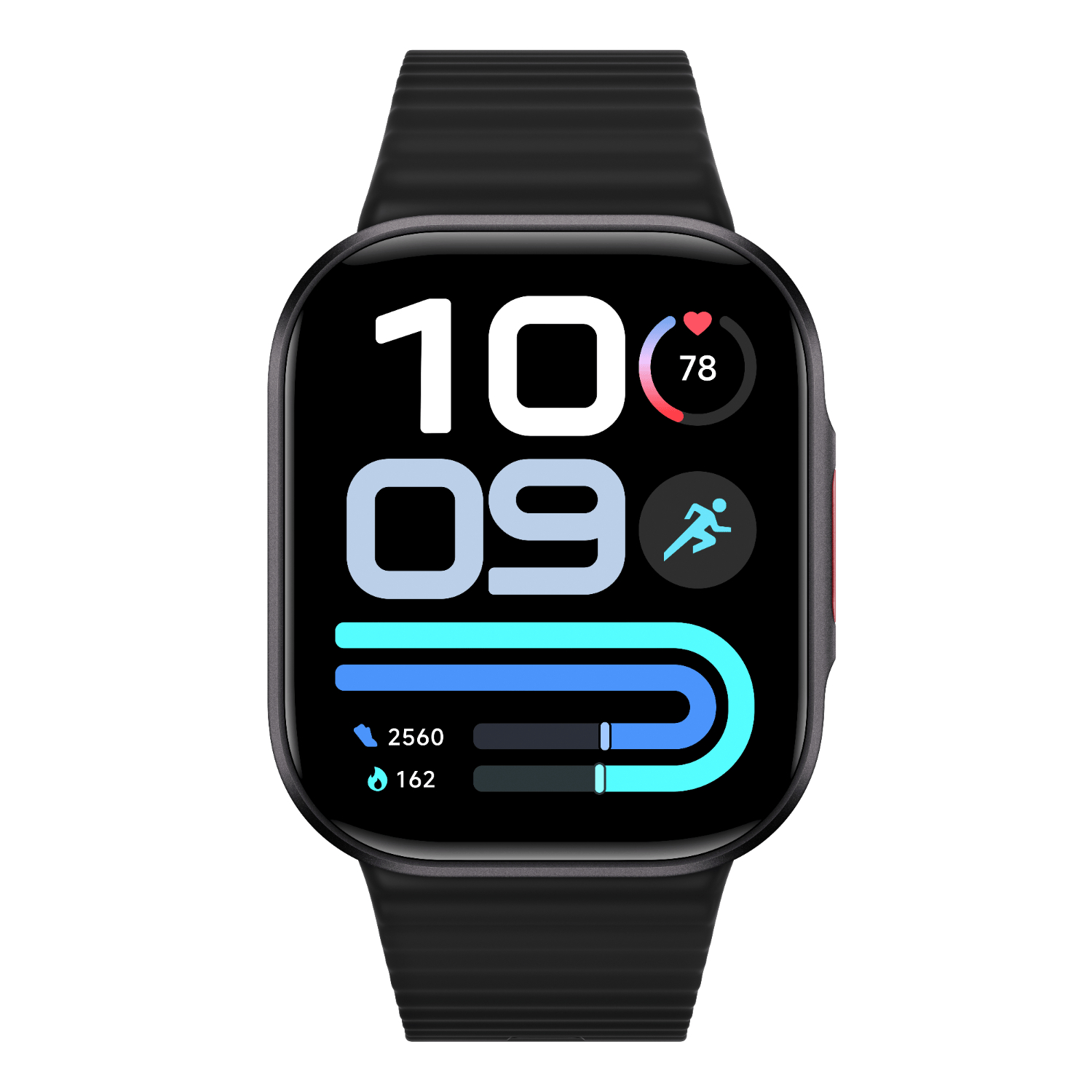 BHR09CWGLXIAOMIREDMIWATCH6LITEBLACKwr01png ComputechSolutions Smartwatch face with large 10:09 time, heart-rate ring showing 78 bpm, running icon, and activity progress bars.