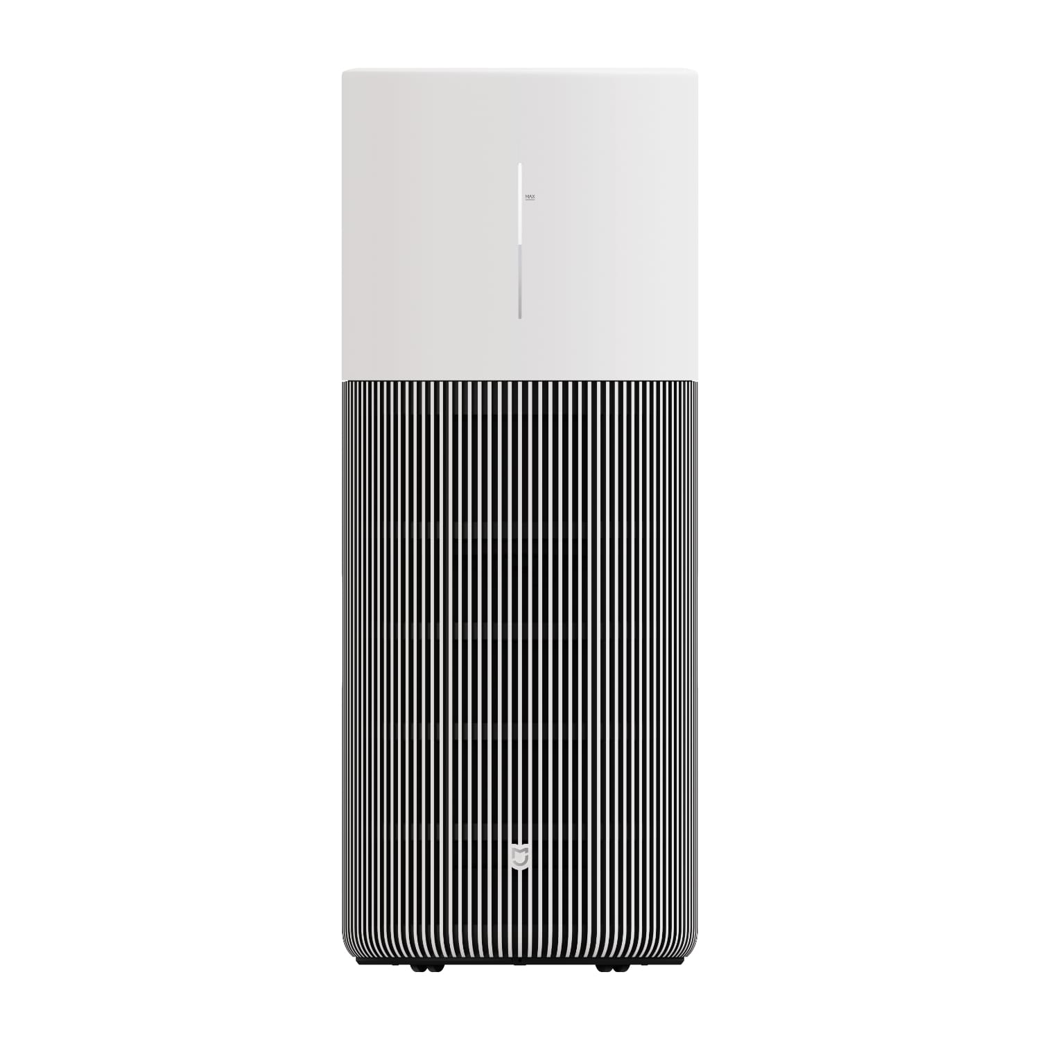BHR09D9EUXiaomiMijiaSmartAirPurifierwithHumwr01png ComputechSolutions Tall white and black striped tower air purifier with a plain white upper block and a rounded base.
